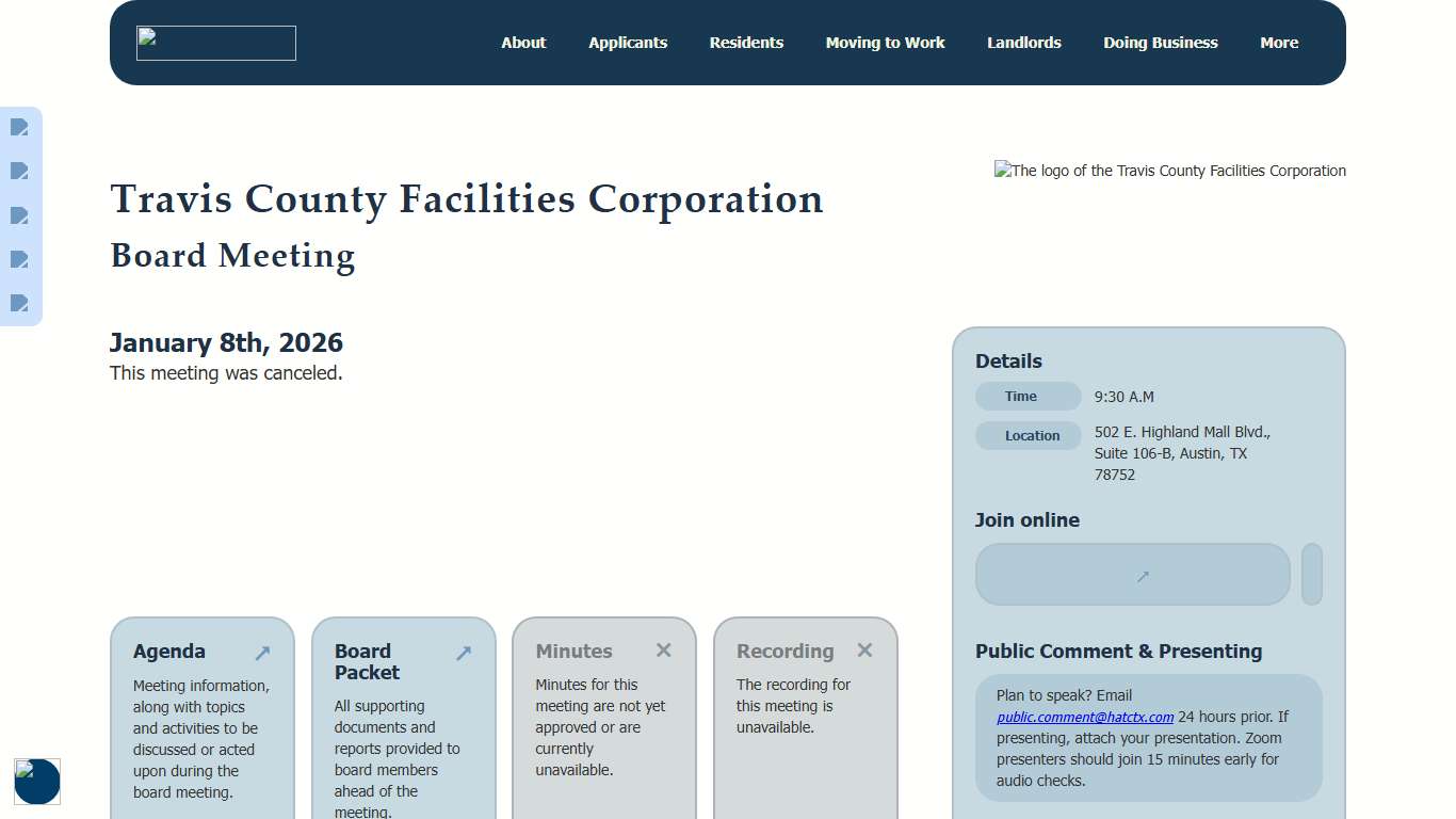 Board Meeting January 8th, 2026 Travis County Facilities Corporation